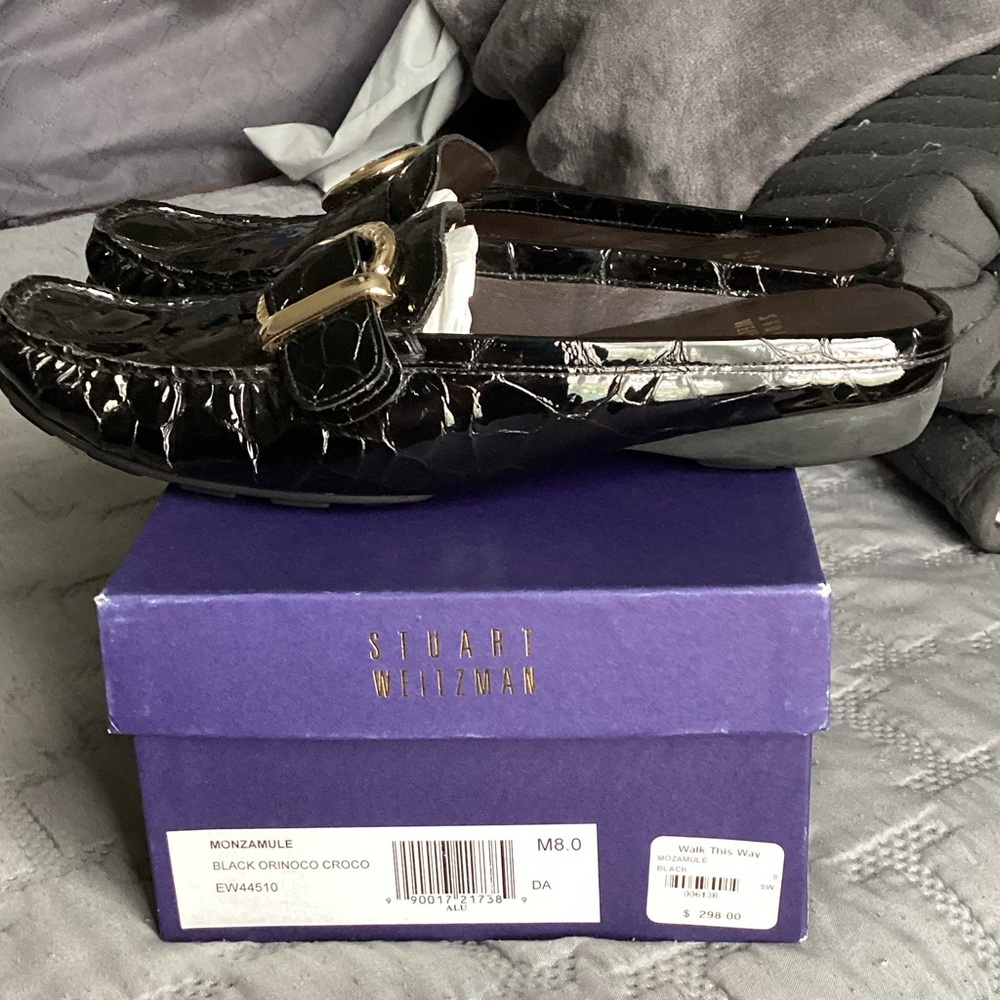 Stuart Weitzman Black Croco Mules